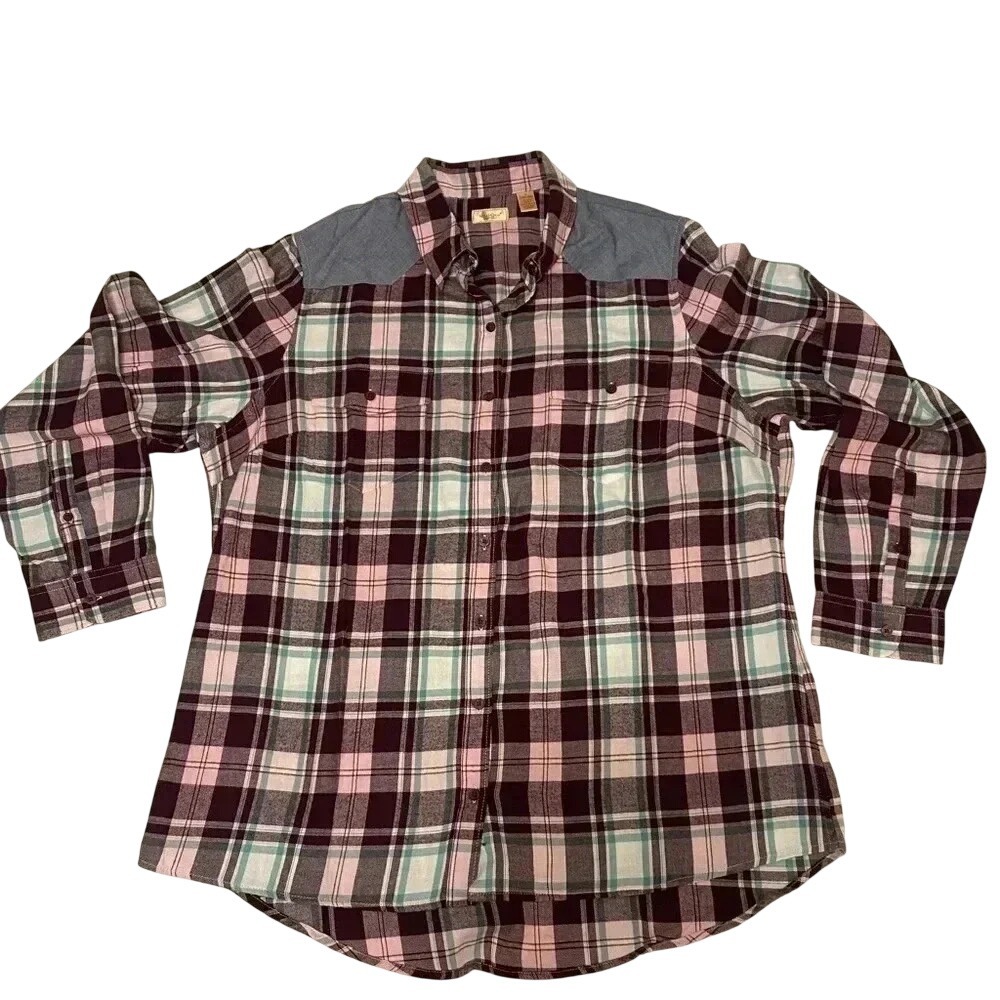 NorthCrest Womens Plus 1X Plaid Flannel Shirt Burgundy Pink Western Chambray